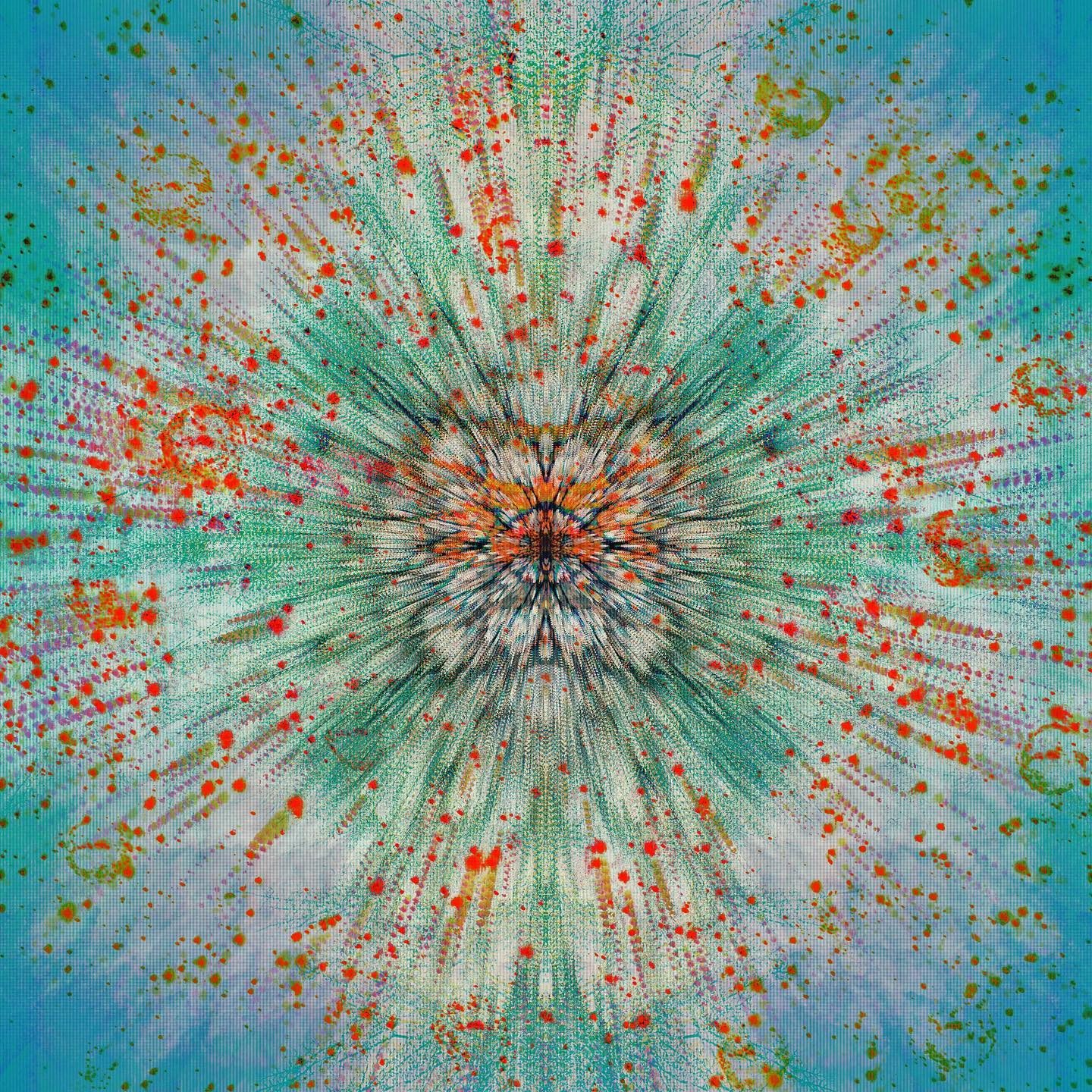 Abstract radial mandala with vibrant splatters