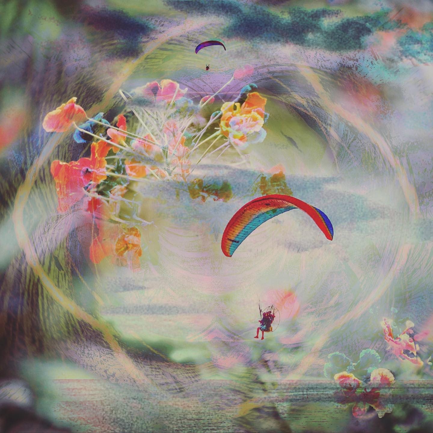 Surreal paragliders above vibrant floral landscape