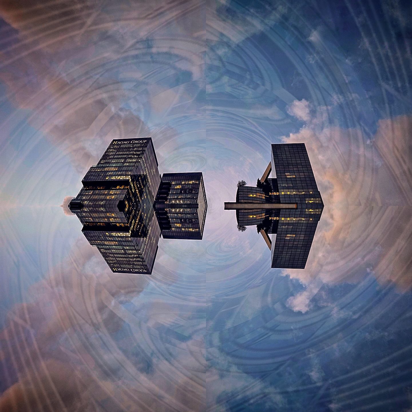 Surreal skyscrapers in distorted sky